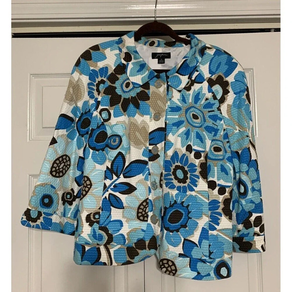 Josephine Artsy Wearable Art Big Buttons Turquoise Floral Print Blazer Jacket 16 - Picture 2 of 7